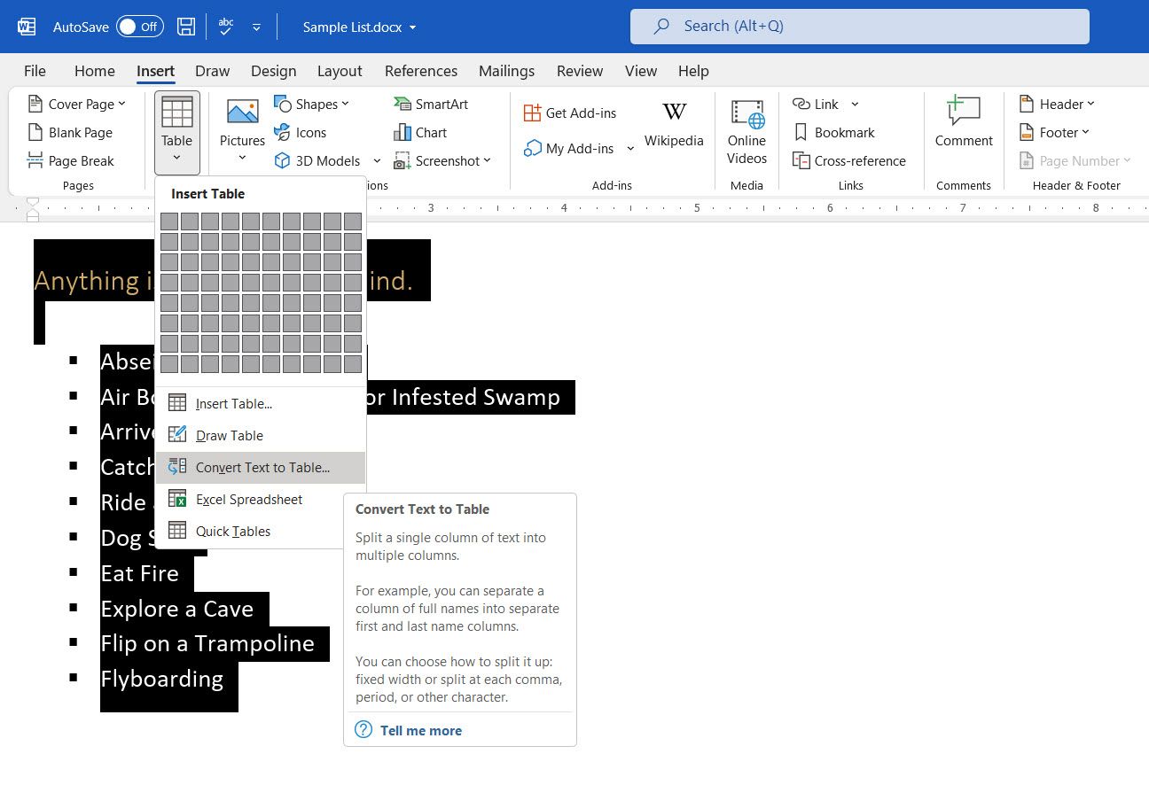 Преобразовать текст в таблицу