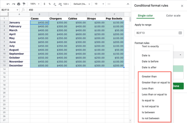 Варианты условий для числовых значений
