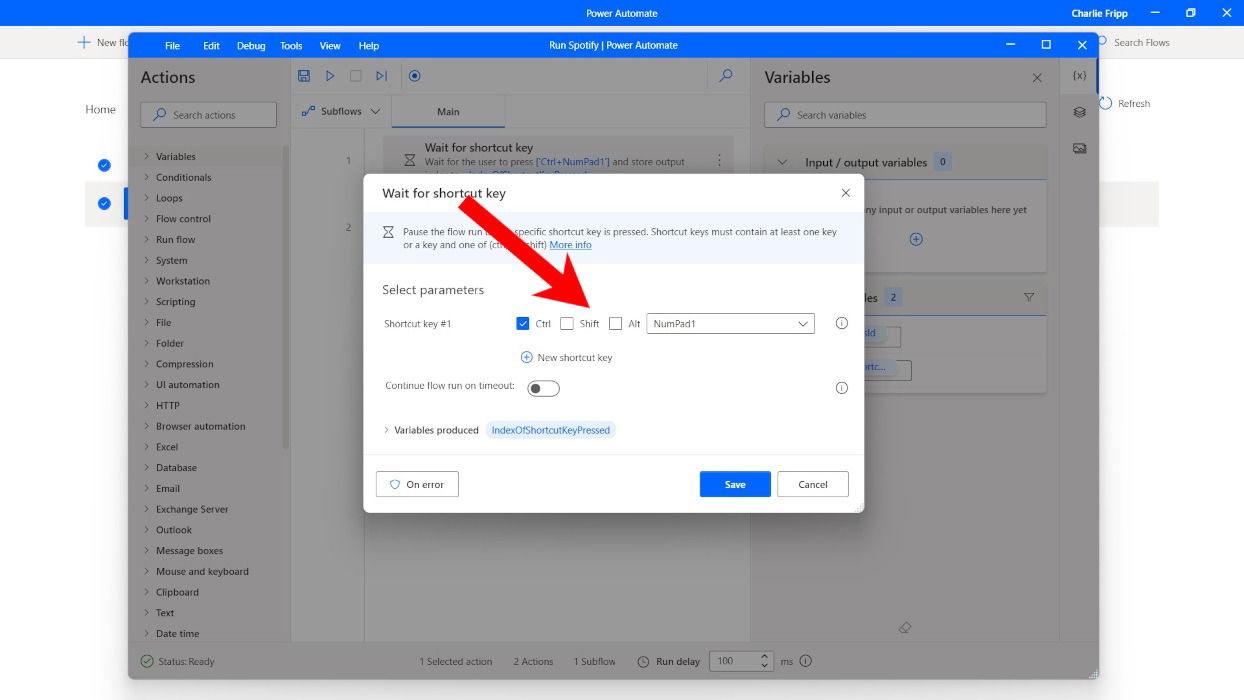 Настройка нового действия ожидания сочетания клавиш