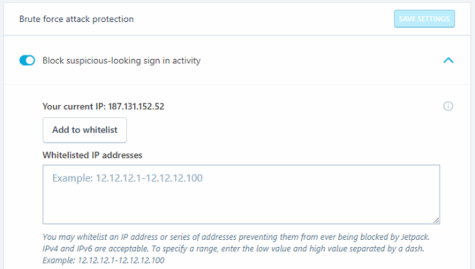 Раздел Безопасность в Jetpack с режимом защиты от перебора паролей