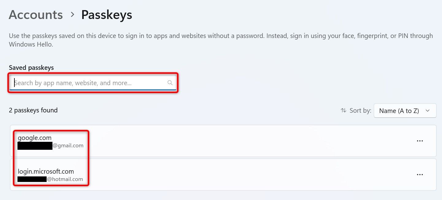 Поле поиска и список сохранённых passkey в Параметрах Windows 11.