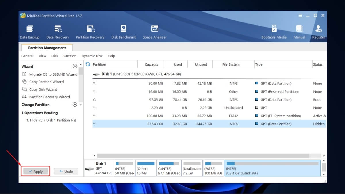 Кнопка Apply в MiniTool Partition Wizard