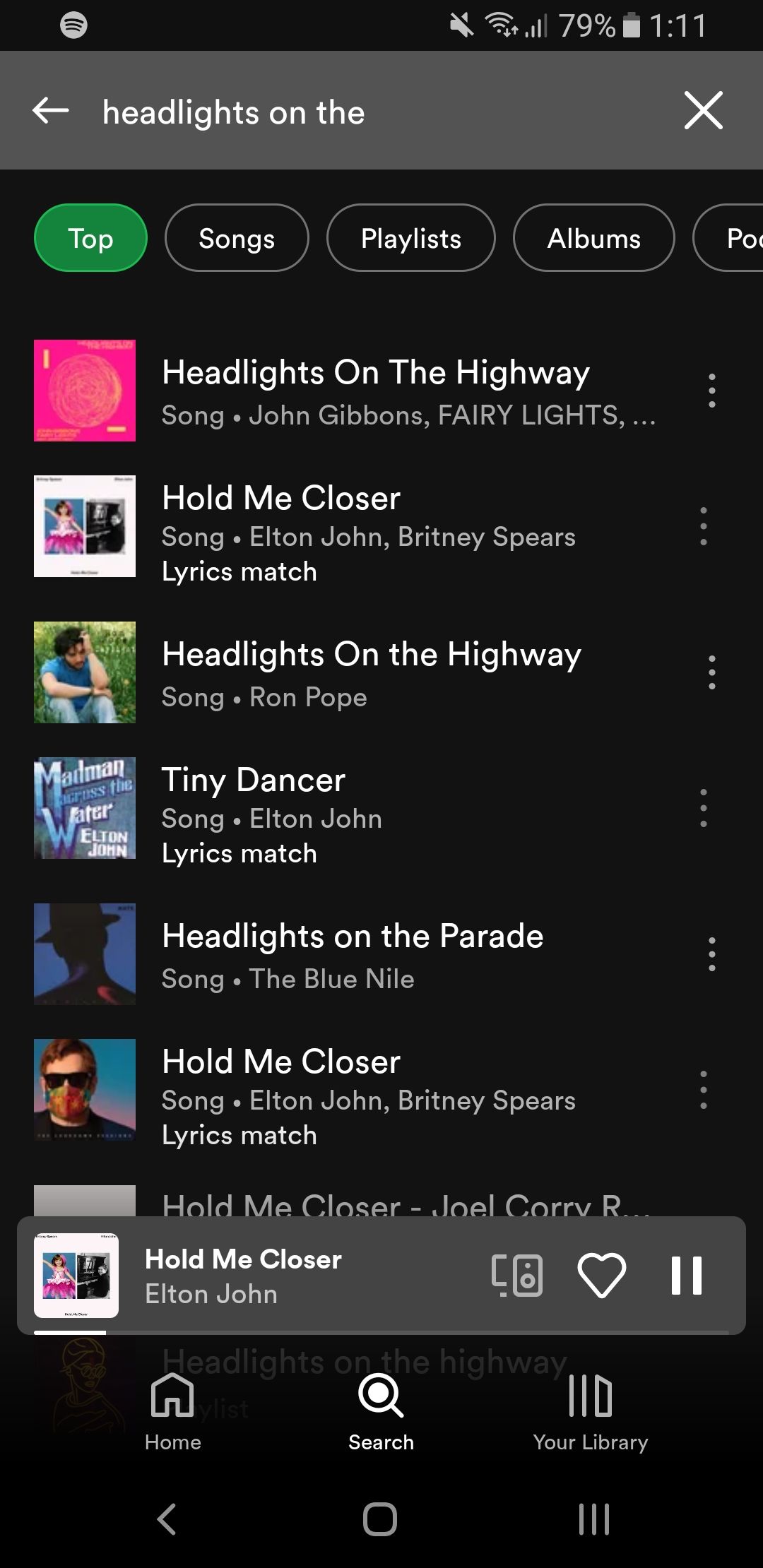 Поиск по тексту в Spotify с фразой 'headlights on'