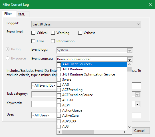 Фильтр Power-Troubleshooter в Просмотре событий