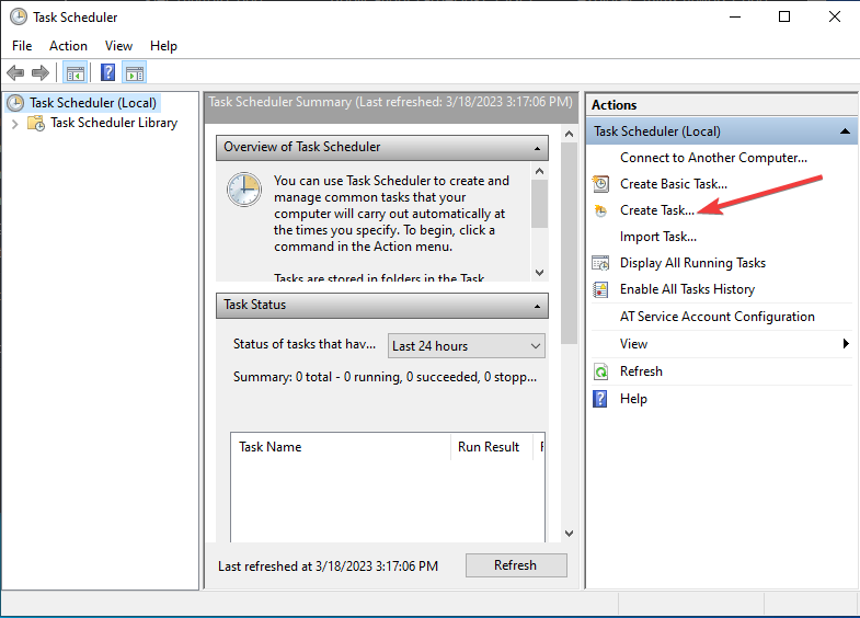 Создание новой задачи в планировщике заданий