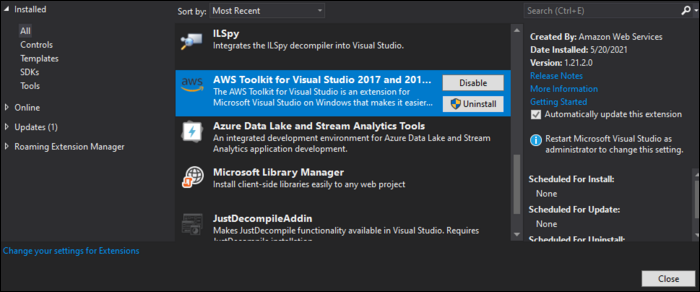 Установка расширения AWS Toolkit в Visual Studio