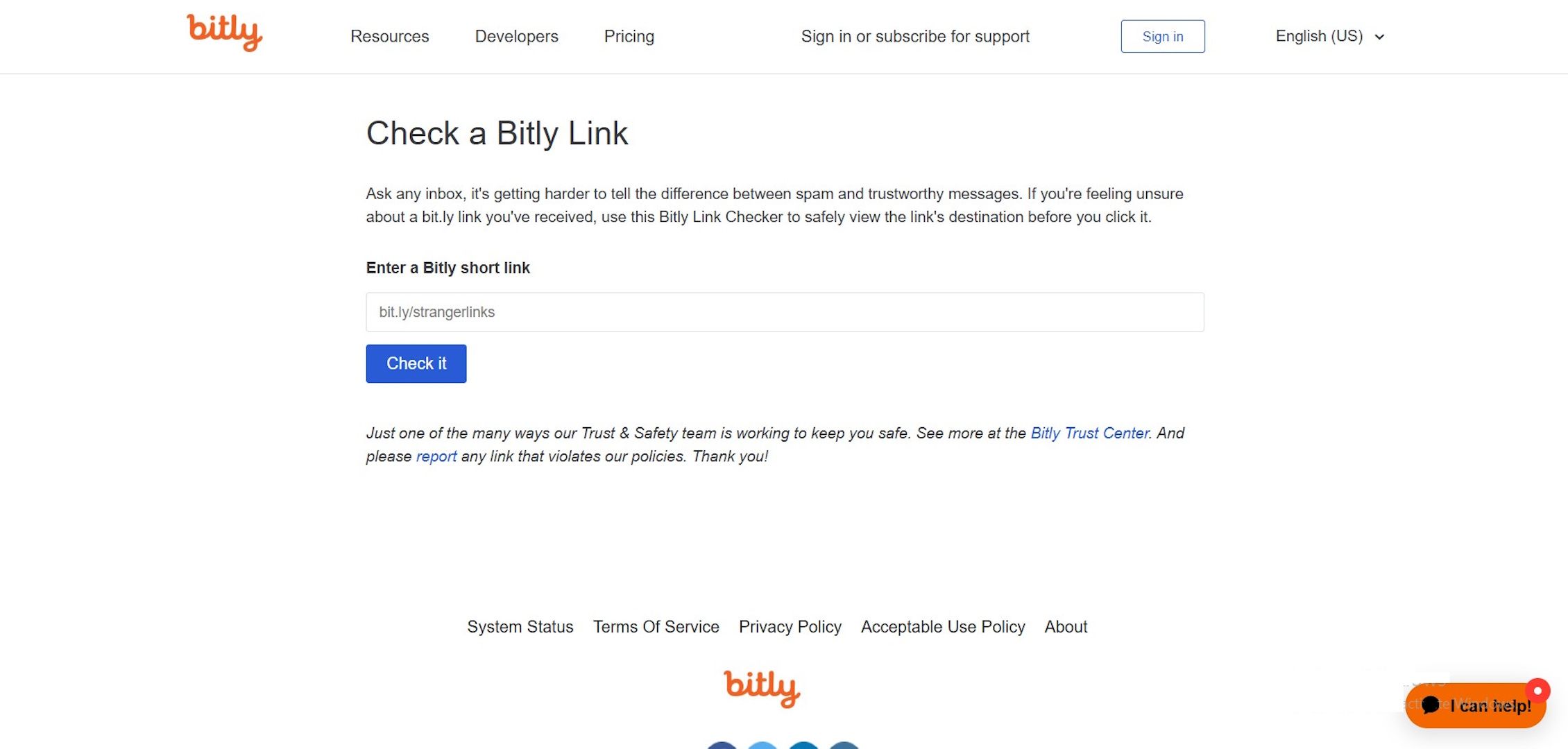 Интерфейс Bitly Link Checker: поле для вставки укороченной bit.ly ссылки и кнопка проверки