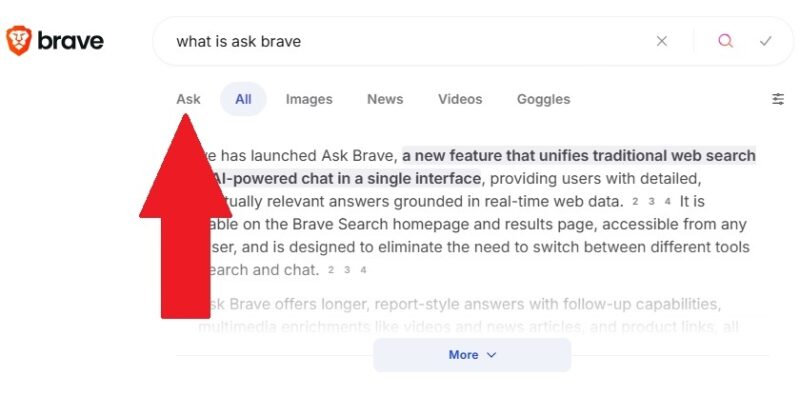 Bouton Ask sous la barre de recherche Brave affichant le chat Ask Brave.