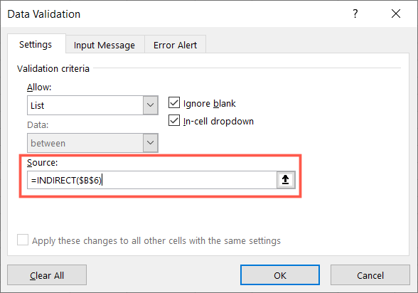 Add INDIRECT as the Source