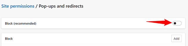 Опция блокировки всплывающих окон в Edge.