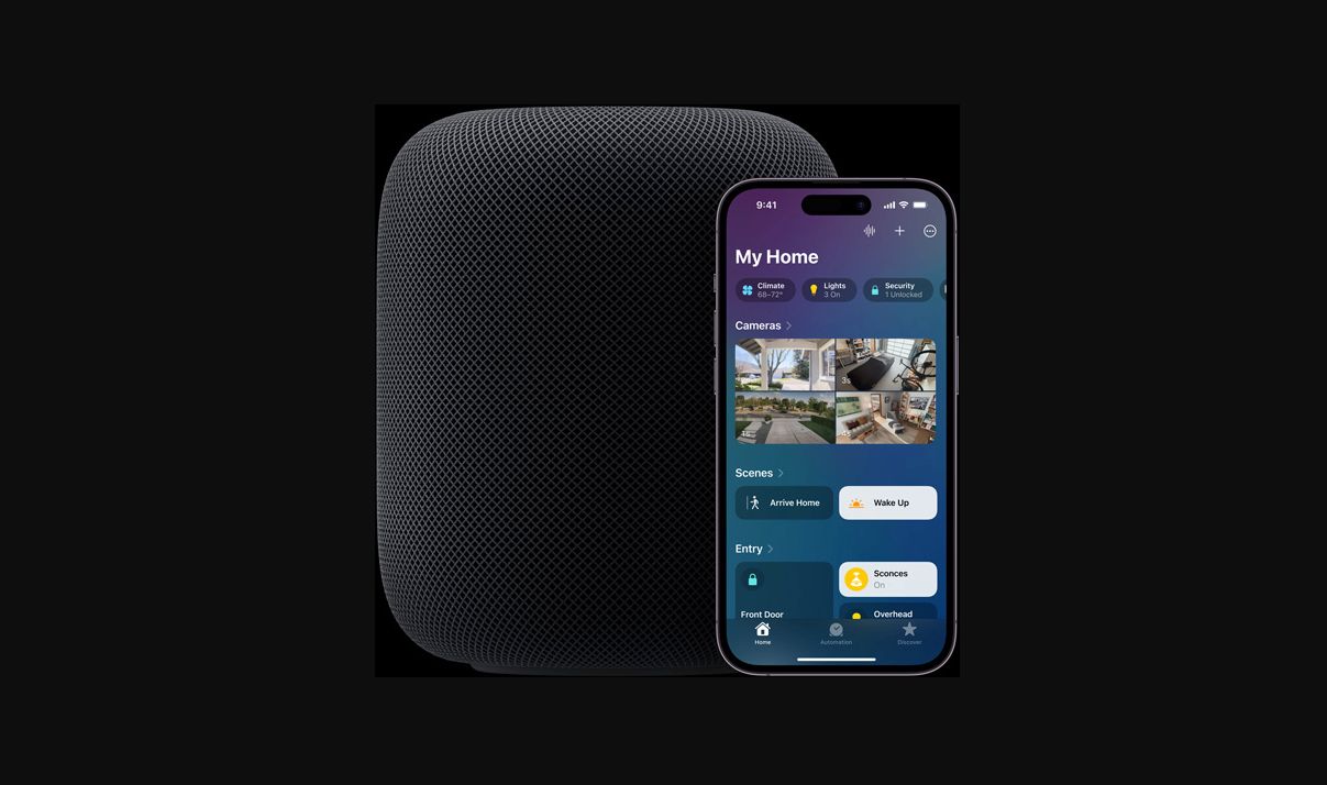 Экран приложения «Дом» с HomePod и элементами управления