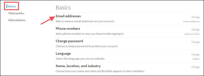 Раздел адресов электронной почты в настройках LinkedIn