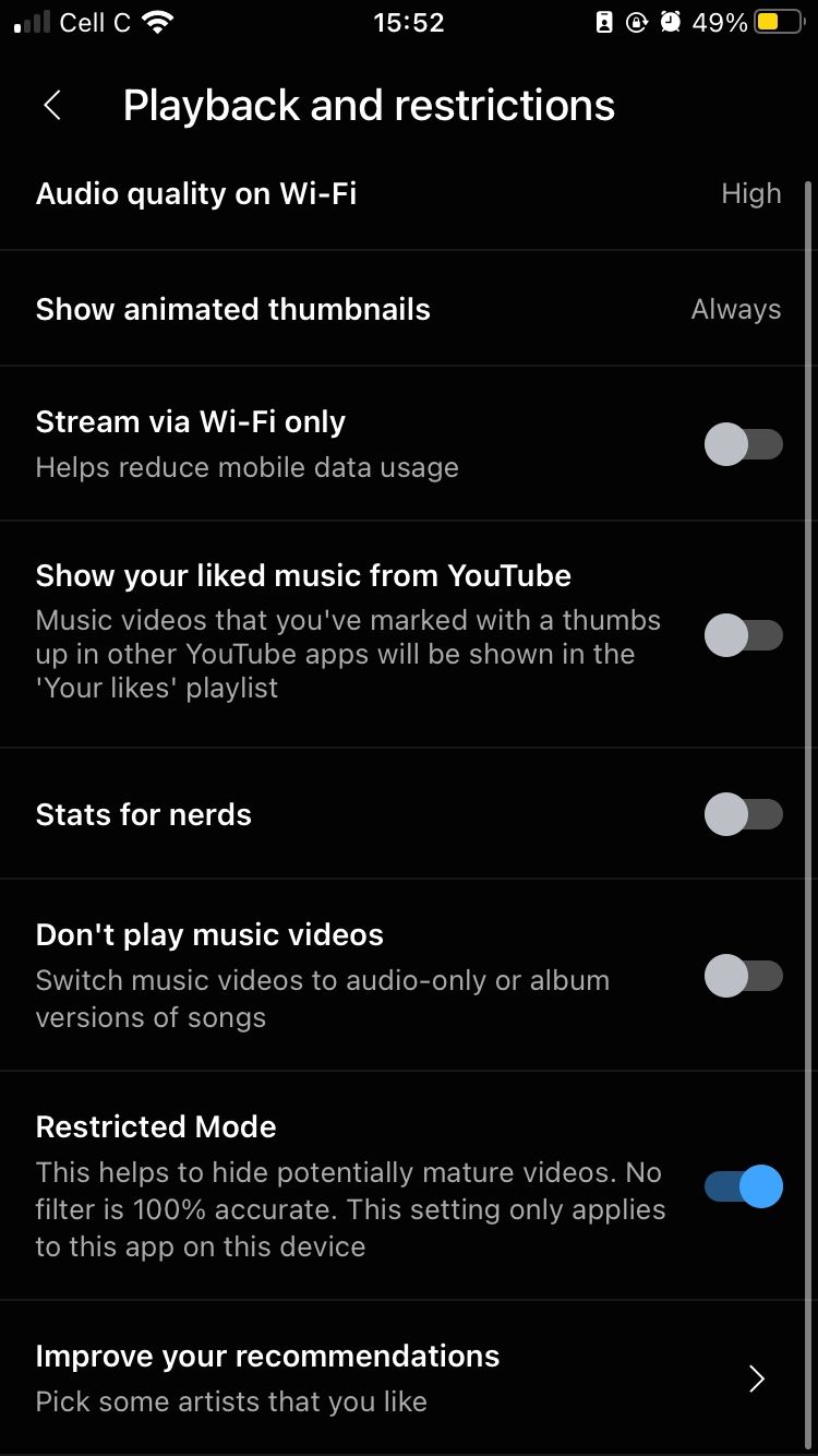 Ограниченный режим включён в мобильном приложении YouTube Music