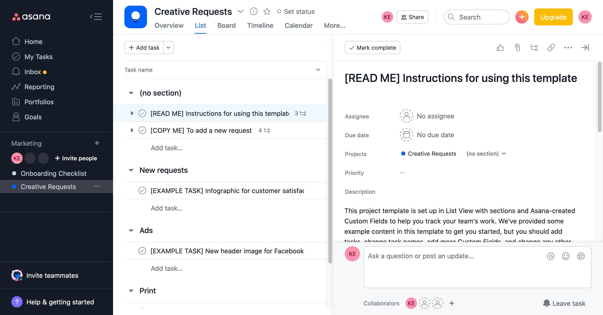 README и COPY ME в шаблоне Asana