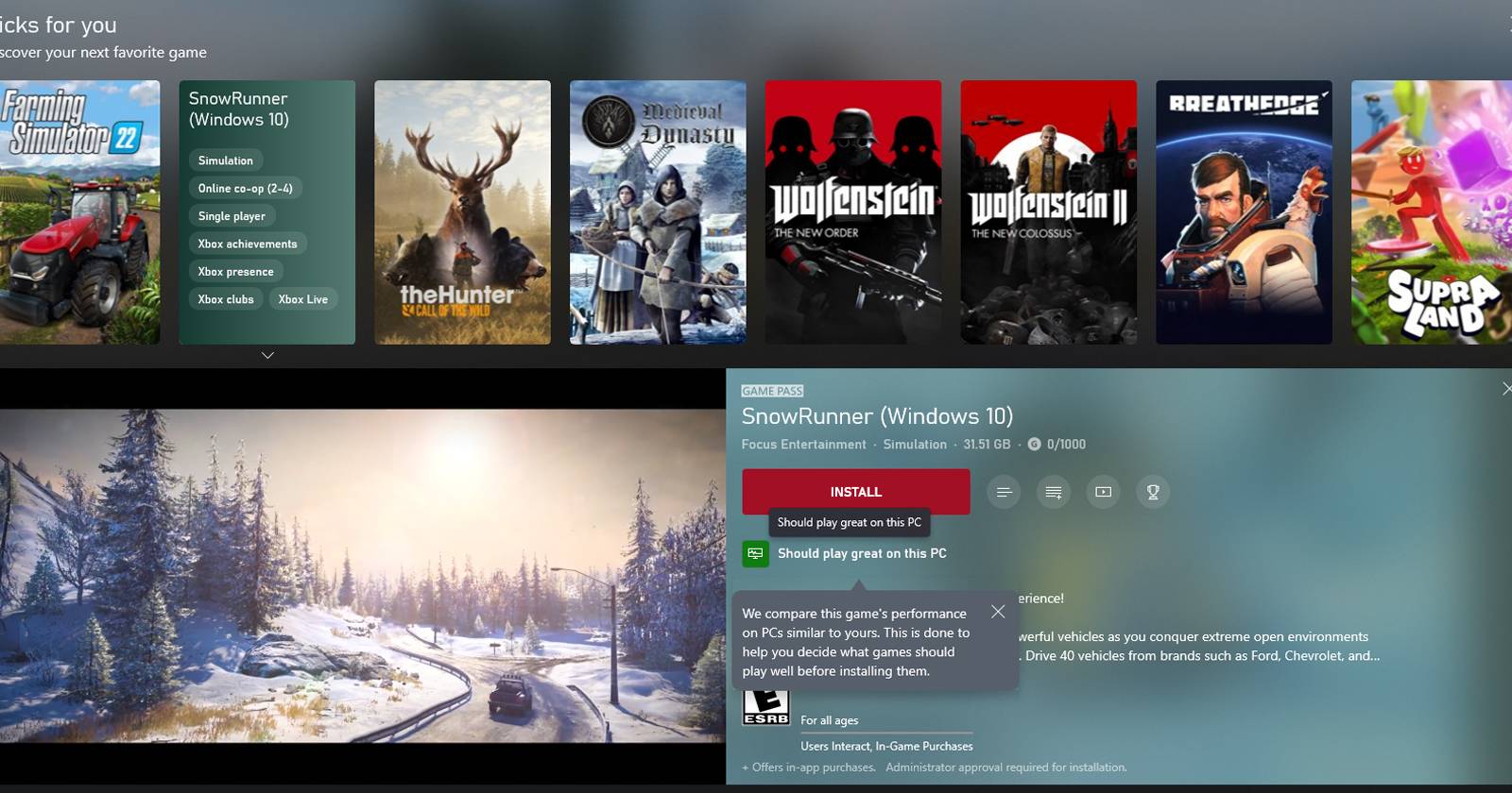 Приложение Xbox, показывающее индикатор Game Performance Fit для игры SnowRunner