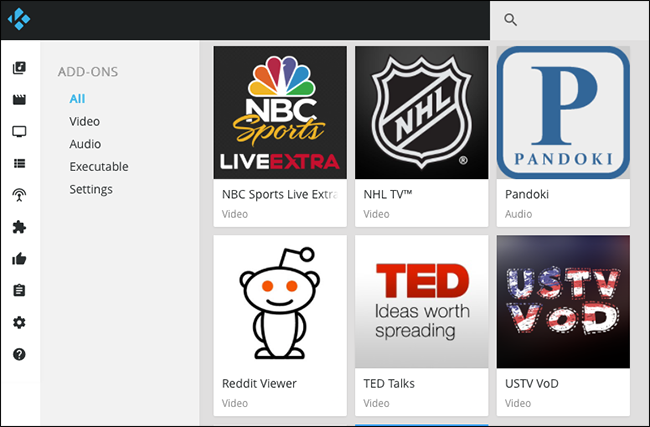 Раздел аддонов в интерфейсе Kodi