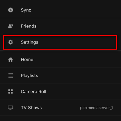 Параметры приложения Plex; пункт Настройки выделен