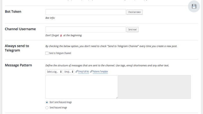 Поля Post to Channel в настройках плагина Telegram for WP