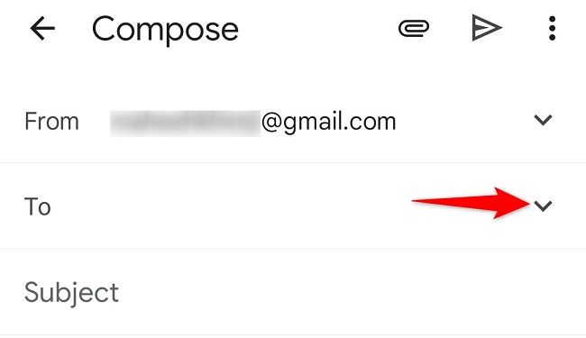 Выберите стрелку вниз рядом с полем «Кому».