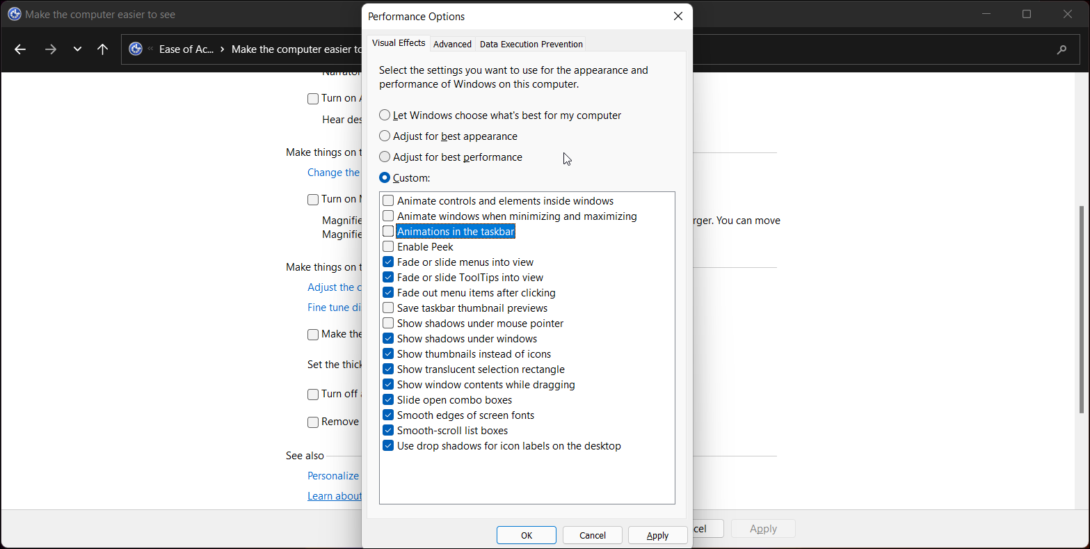 Отключить анимацию через параметры производительности Windows 11