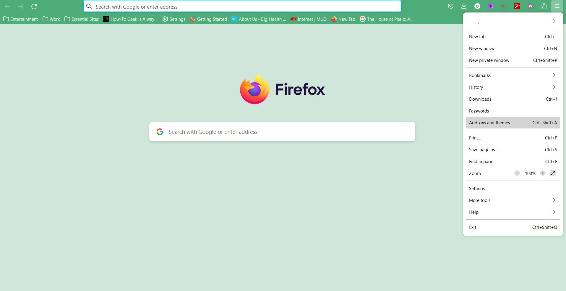 Меню приложения Firefox