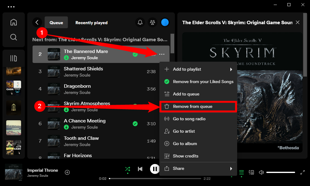 Меню с тремя точками рядом с треком — опция удаления из очереди