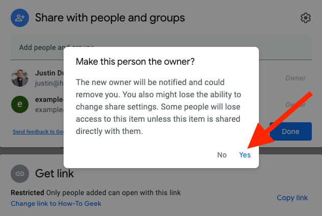 Снимок: окно подтверждения передачи прав владельца