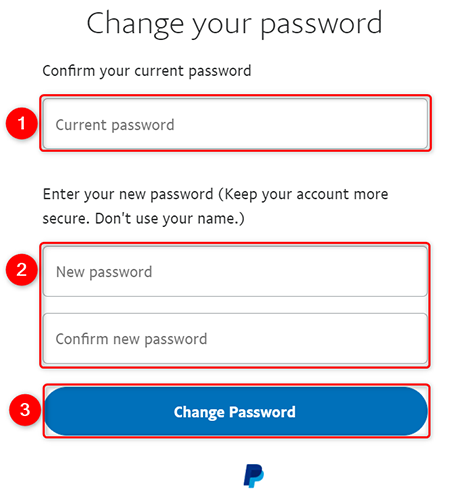 Окно изменения пароля PayPal.