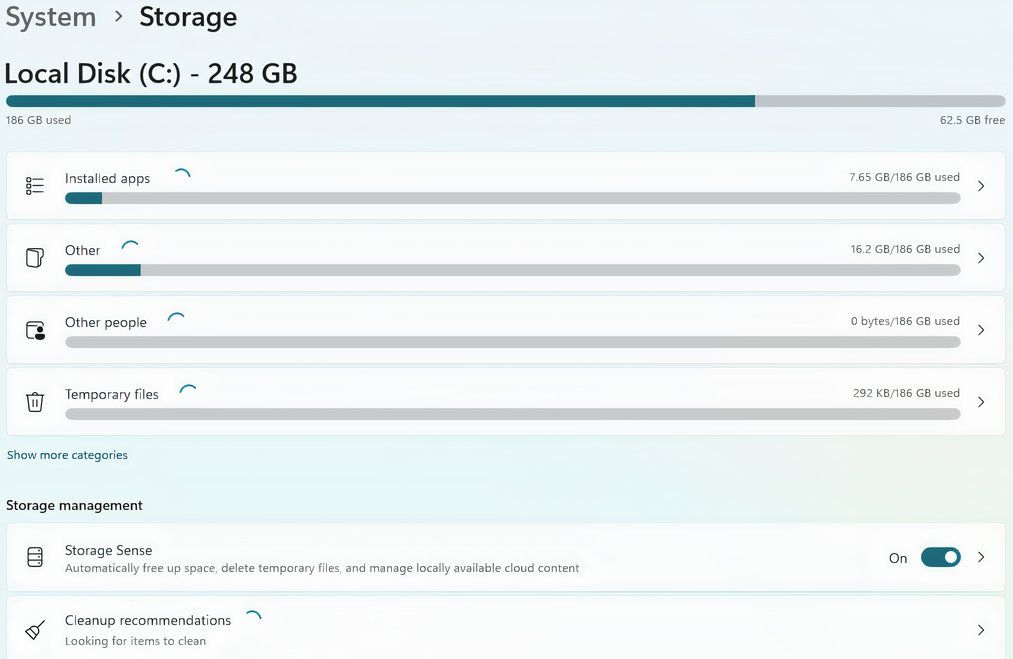 Экран «Хранилище» в настройках Windows 11.