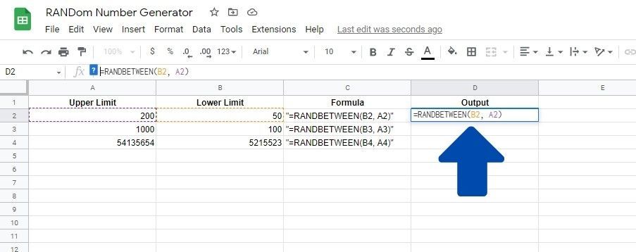 Формула RANDBETWEEN в ячейке примера