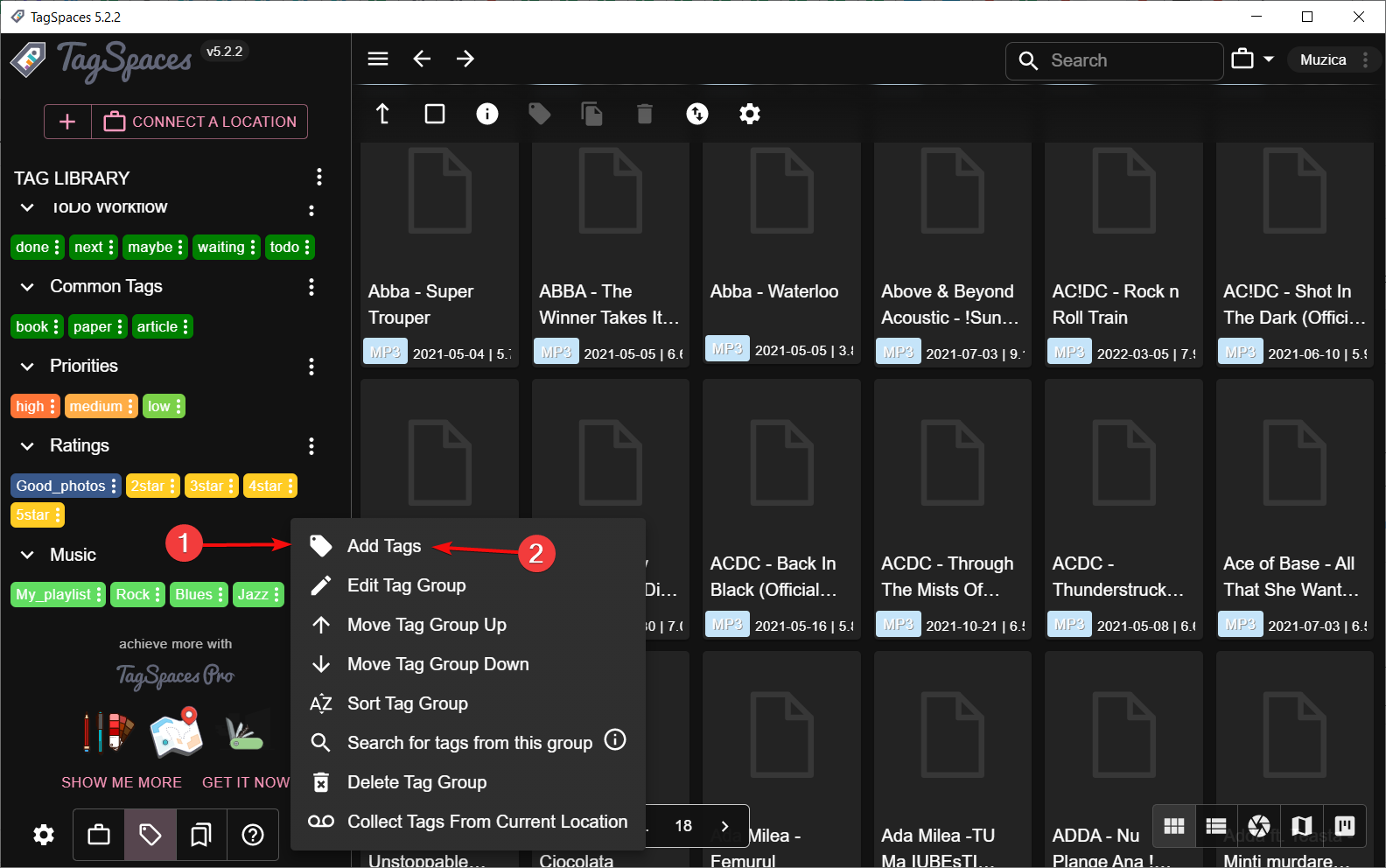 Добавление тегов в группу TagSpaces
