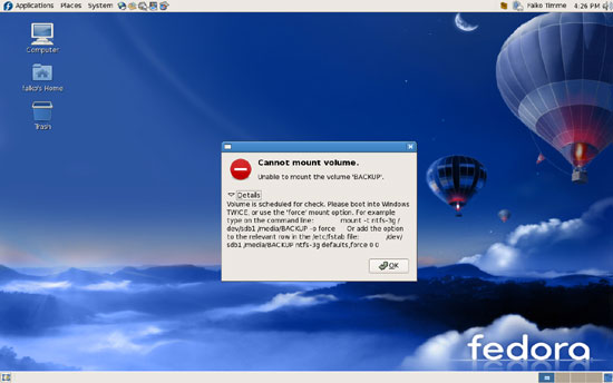 Предупреждение об ошибке монтирования NTFS в Fedora