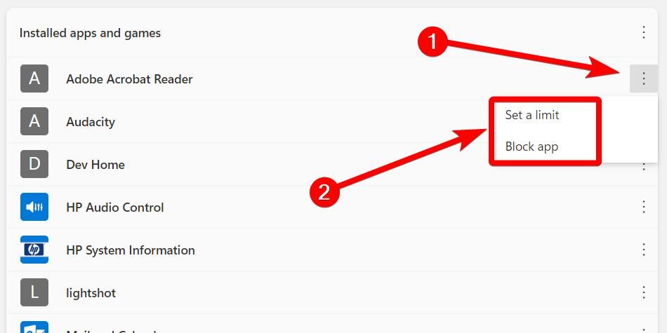 Выбор лимита или блокировки приложения.