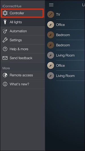 Экран Controller в iConnectHue — список групп и кнопка добавления
