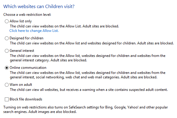 Уровни веб-фильтрации Family Safety в Windows 8 — выбор уровня и блокировка загрузок