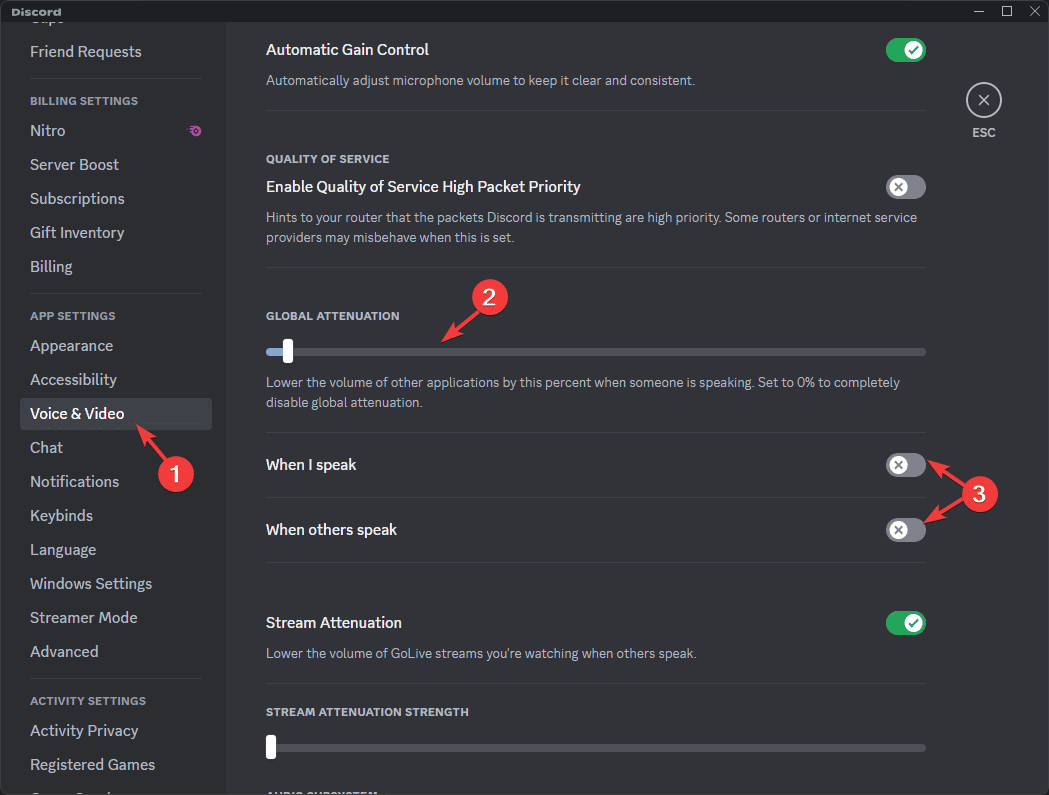 Слайдер глобального ослабления звука в Discord