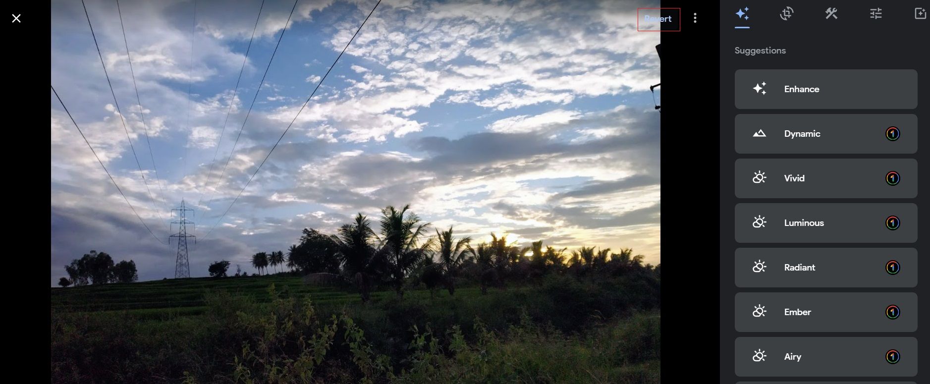 Опция «Revert» в редакторе Google Photos для возврата к оригиналу