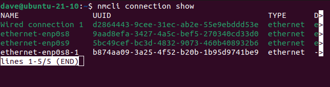 Вывод команды nmcli connection show в терминальном окне