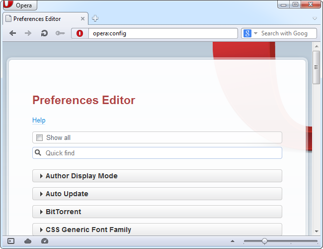 Редактор настроек opera:config со списком параметров и поисковой строкой