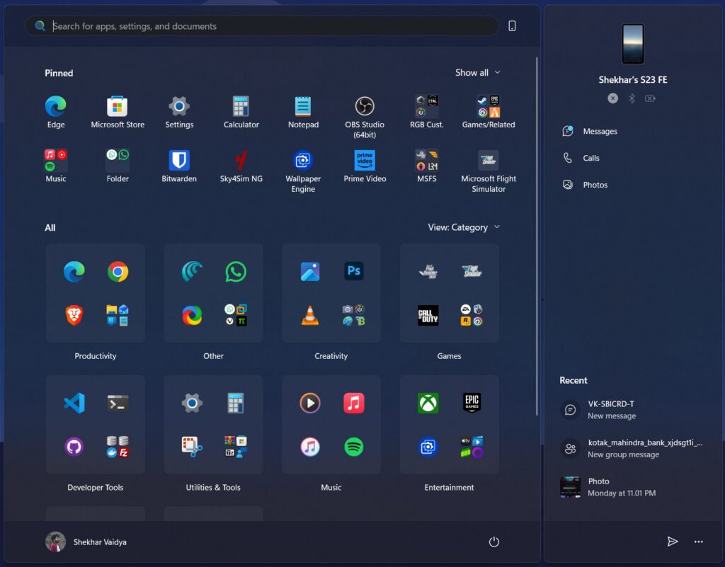 Новый Пуск Windows 11 после включения