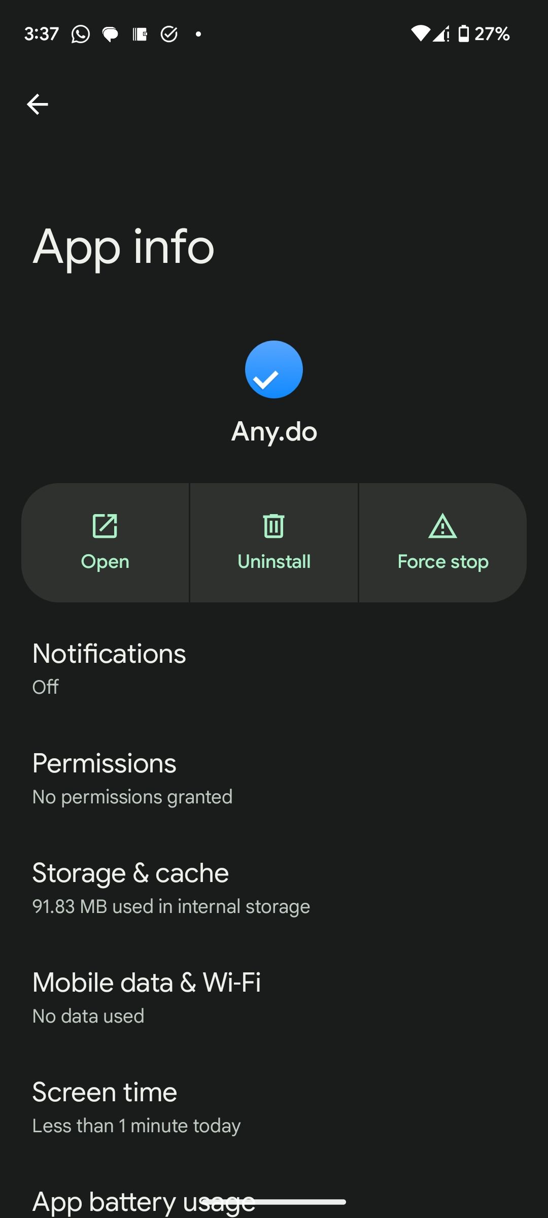 Страница приложения с опцией Uninstall