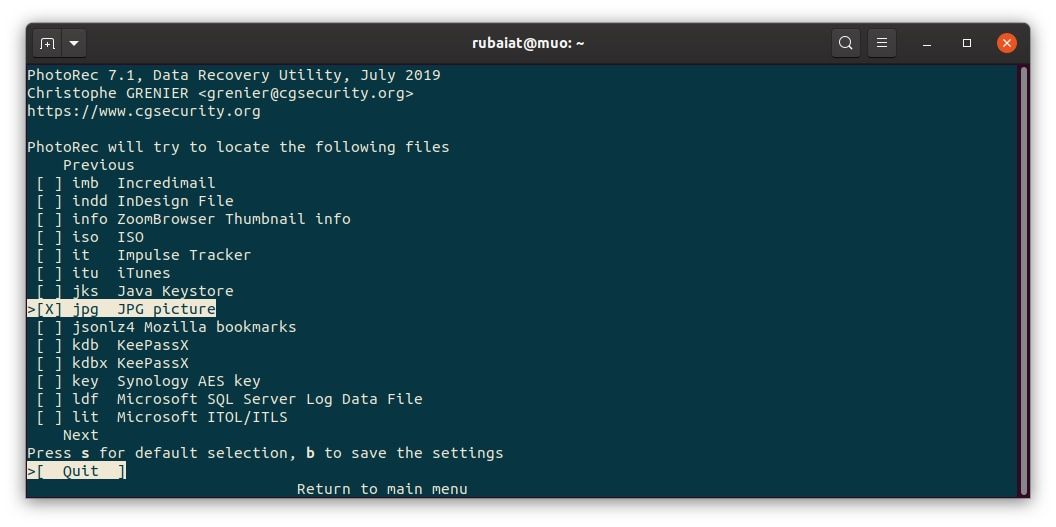 выбор типов файлов в photorec