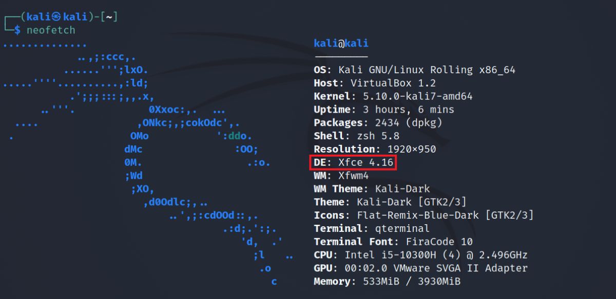 Neofetch показывает DE и системные данные