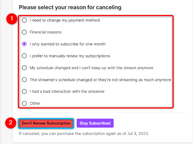Выберите причину и подтвердите «Не продлевать подписку».