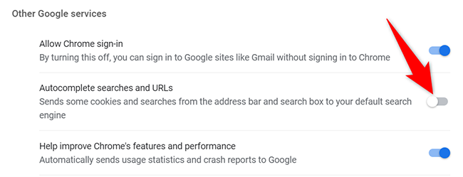 Отключение опции «Автозаполнение поисковых запросов и URL-адресов» на компьютере.