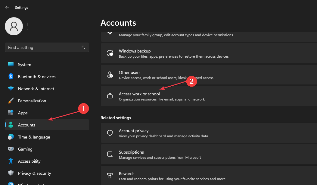 Параметр Доступ к работе или учебе в Windows
