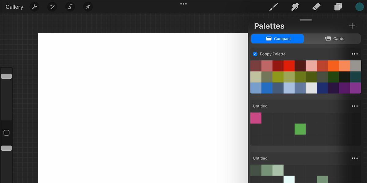 Пример палитры Procreate с заполненными красными и зелёными образцами.