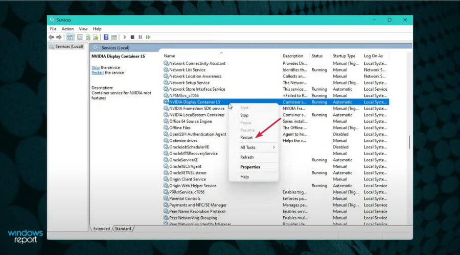 Кнопка перезапуска службы NVIDIA