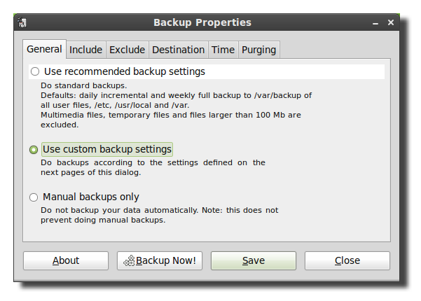 Окно настроек Simple Backup — вкладка свойств