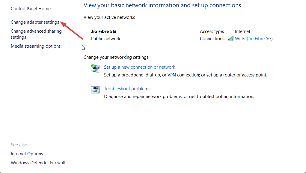 Пункт 'Изменение параметров адаптера' в Панели управления